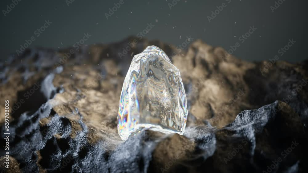 Raw crystal or diamond on the rocks in a dark cave. Shiny rough uncut gem.