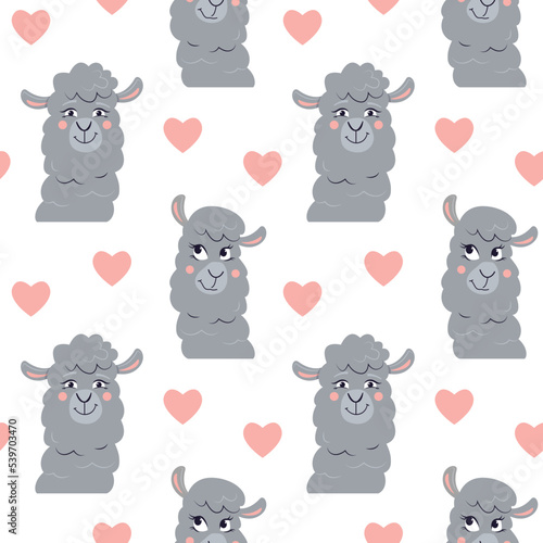 Vector seamless pattern with lamas in love. Romantic funny cartoon alpacas.