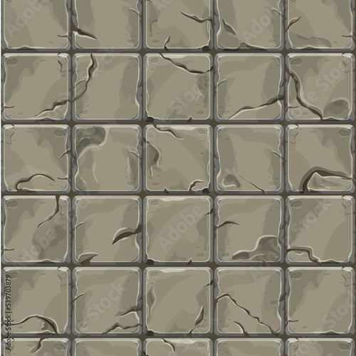 Stone wall from bricks, rock, game background in cartoon style, seamless textured surface. Ui game asset, road or floor material