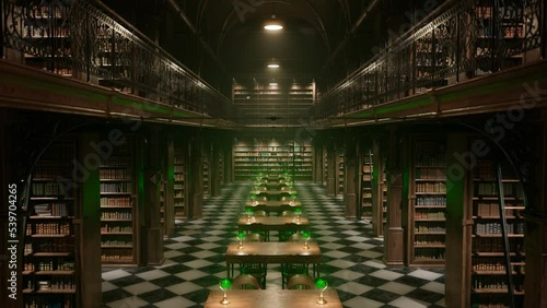 Old two-stories library interior during night illuminated by green desklamps. 4K photo