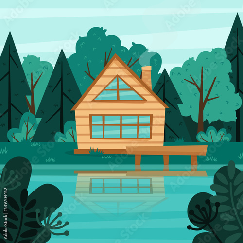 Wooden house on the lake shore in the forest.