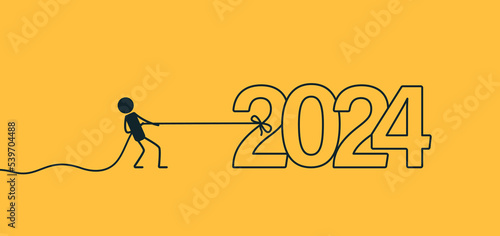 New Year's illustration. A man is pulling 2024 by the rope. Vector image on a yellow background.