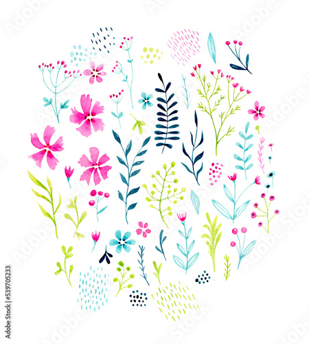 A set of delicate abstract watercolor flowers and twigs, multicolored on a white background for fabric, cover, wallpaper.