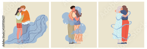 The concept of support and care in difficult moments of life. Women and men hug each other. Care of relatives. Cartoon characters. Hand-drawn vector illustration. All elements are isolated.