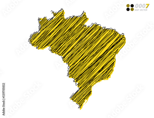 Vector silhouette chaotic hand drawn scribble yellow and black sketch  of Brazil map on white background.