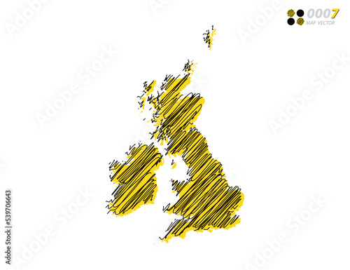 Vector silhouette chaotic hand drawn scribble yellow and black sketch  of United Kingdom (UK) map on white background.