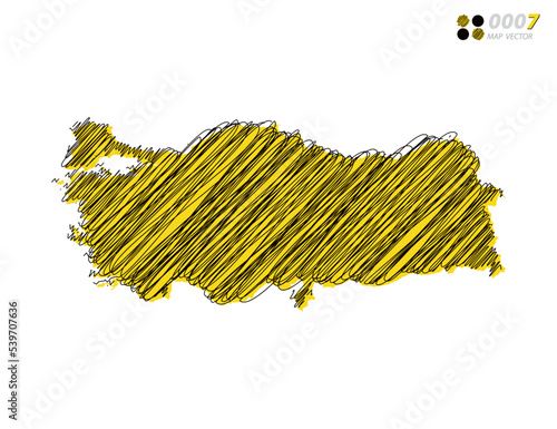 Vector silhouette chaotic hand drawn scribble yellow and black sketch of Turkey map on white background.