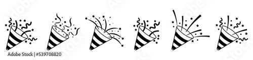Party popper icons set with ribbon and confetti.Congratulate and celebrate elements.Confetti simple line logo.Vector party poppers set.Exploding cracker icon.