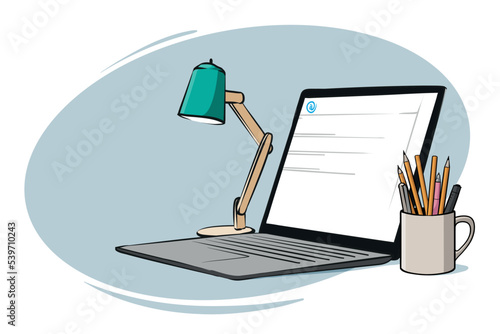 Office objects and tools, Laptop computer at work, lamp on desk and some pencils in a cup, workplace with PC, home office working from home, writing an e-mail, massaging chatting