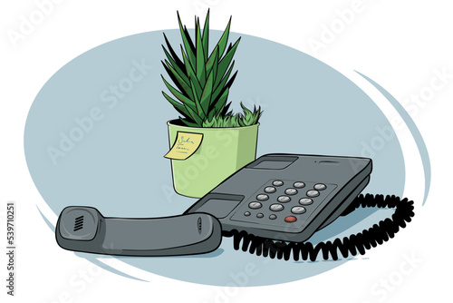 Telephone receiver on a desk at hotline call center office workplace with answering machine, missed telecommunication on landline talk support service, occupied sign waiting loop