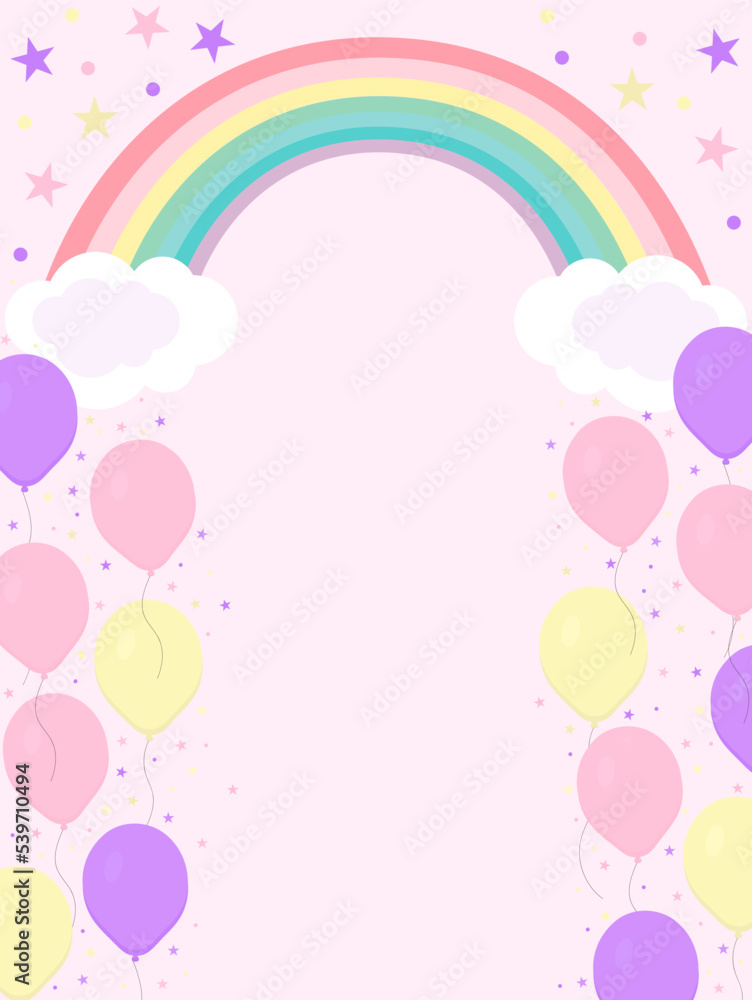 Illustration with rainbow, balloons and stars. It can be used like postcard, invitation, poster or other print.