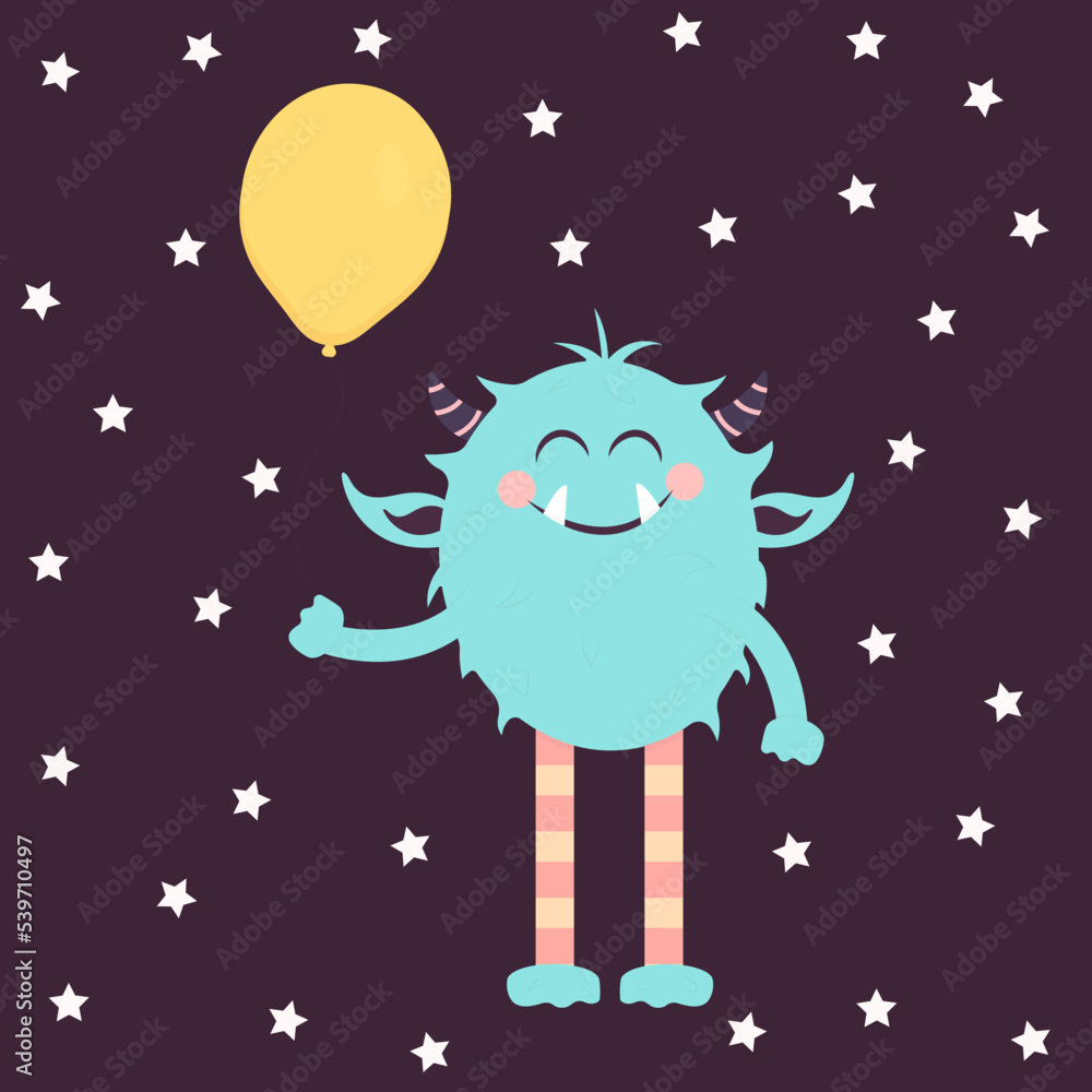 Cute smiling blue monster holding yellow balloon on dark background with stars. Illustration Can be used like print or in typography