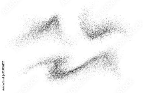 Charcoal splashes, black dotwork grain texture, abstract stipple sand effect, gradient from dots isolated on whitev background. Vector illustration.