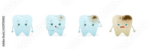 Stages of caries with cartoon tooth mascot. Stage of tooth decay. Dental problem illustrations for kids.