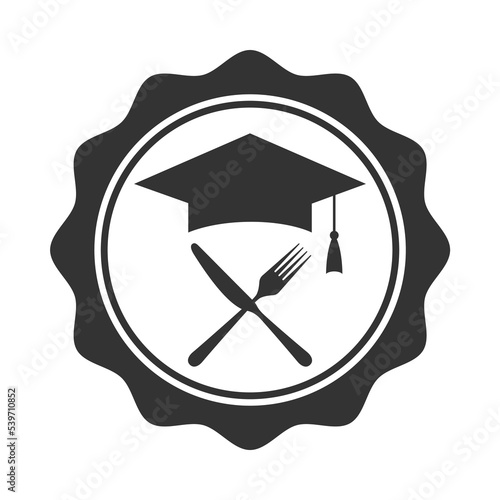 Cooking academy graphic sign. Cooking school symbol in the circle isolated on white background. Vector illustration