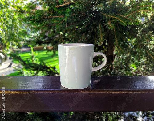 white cup along with coffee on the railing of the house and garden background.