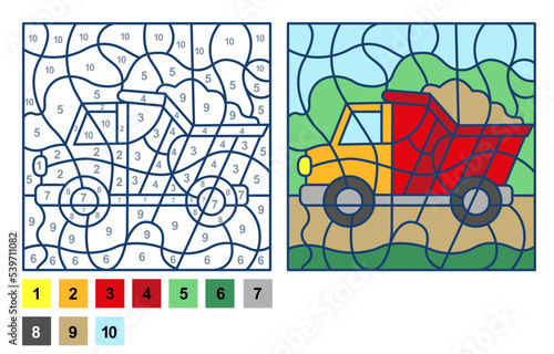 Puzzle game truck car, color by number sheet for children. Vector coloring page for learning numbers