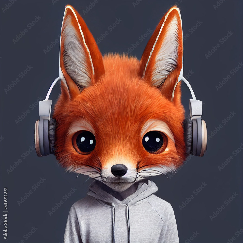 Cute foxy fox wearing hoodie listens to music in headphones on