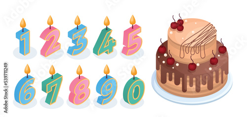 Anniversary cake set. Collection of candles in form of numbers for congratulations. Symbol of birthday, festival and holidays. Cartoon isometric vector illustrations isolated on white background