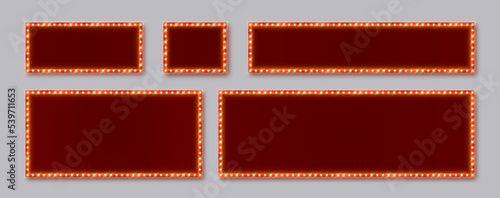 Marquee frames with red border, retro casino sign boards with burgundy background. Vintage circus banners with yellow light bulbs. Vector illustration.
