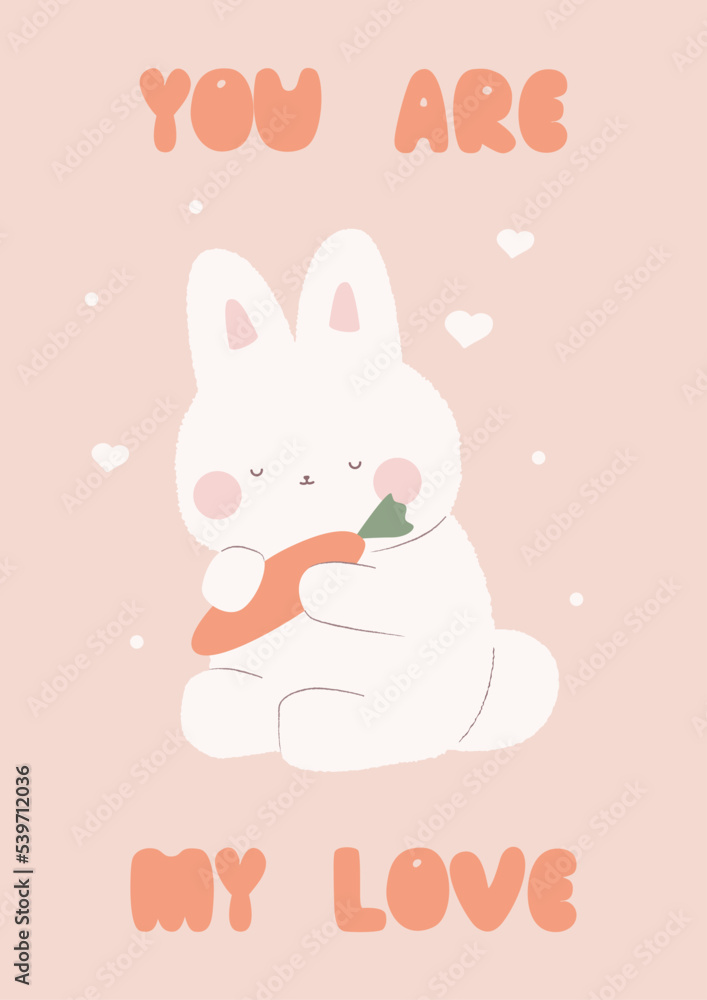 Kawaii rabbit with carrote. Cute bunny character on beige background. You are my love concept. Valentines day card. Flat design. Stock vector illustration. Kawaii rabbit with carrote. Cute bunny character on beige background. You are my love concept. Valentines day card. Flat design. Stock vector illustration.