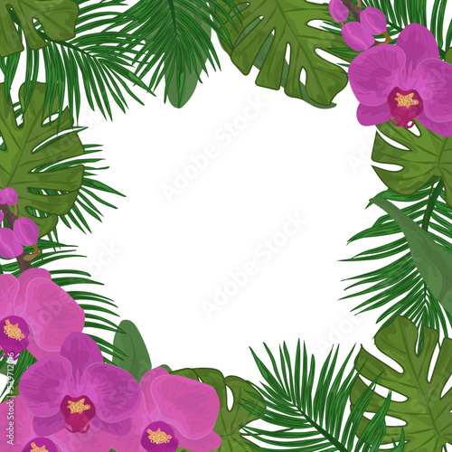Card template with pink orchid flowers and tropical leaves jungle. Exotic border frame on white background.