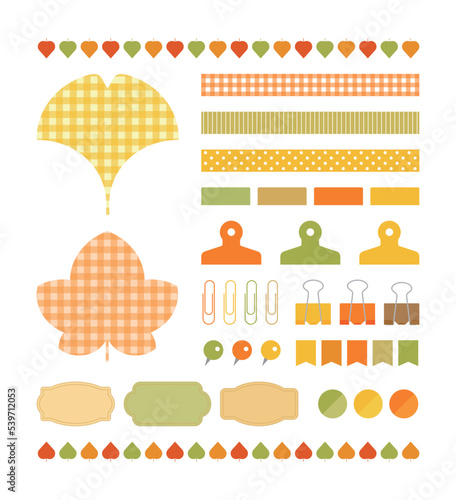 Set of colorful deco icons for autumn concept design. Various objects such as notes, labels, indexes, tongs, clips, thumbtacks and pins.