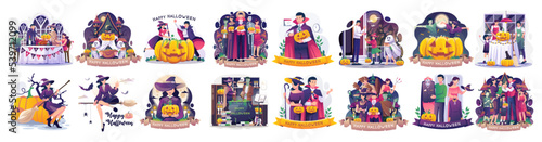 Set collection of Halloween concept illustration with People in costumes celebrating Halloween illustration