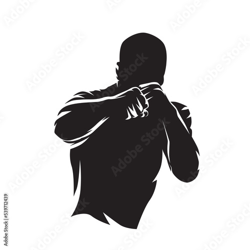 Boxer fighter, isolated vector silhouette, ink drawing, front view. Combat fighting logo