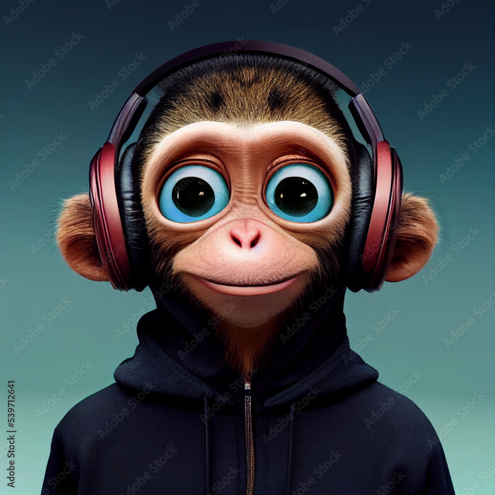Cute funny monkey wearing hoodie listens to music in headphones, on blue background