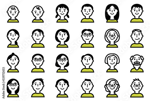 いろんな世代の人物の顔アイコンセット_黒と黄色