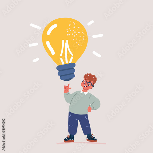 Vector illustration of Creativeness, thinking out of the box, idea and science concept. Little boy holding glowing light bulb lamp and smile standing