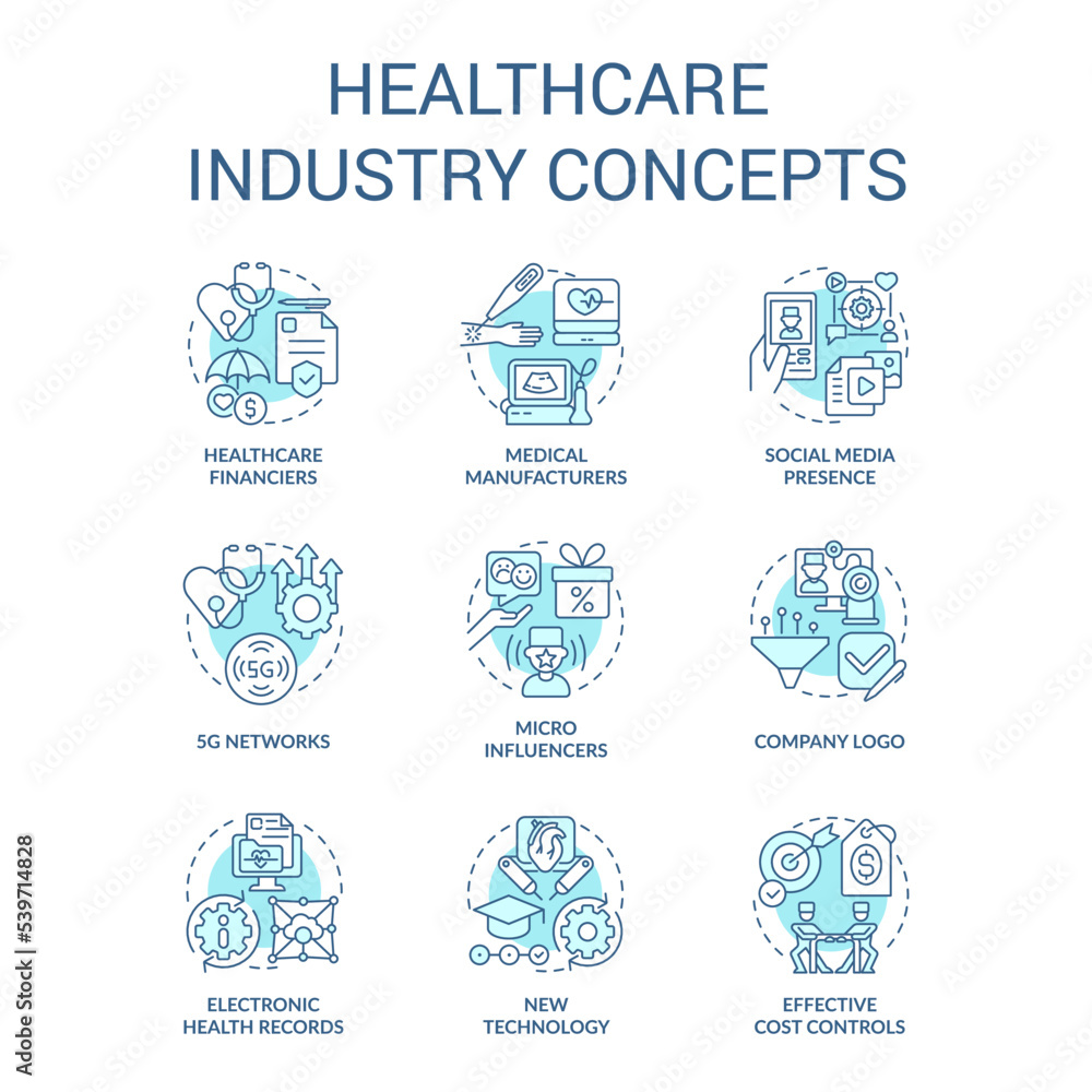Healthcare industry turquoise concept icons set. Health system. Medical sector idea thin line color illustrations. Isolated symbols. Editable stroke. Roboto-Medium, Myriad Pro-Bold fonts used