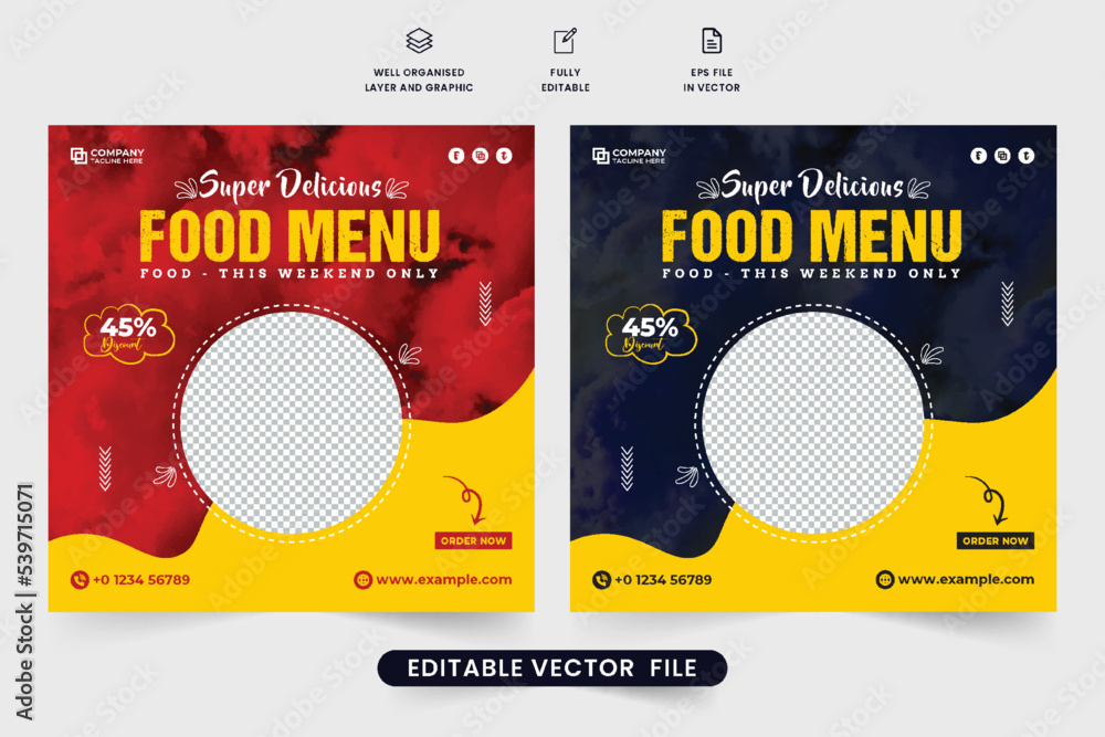 Delicious food menu social media post vector with red and yellow colors ...