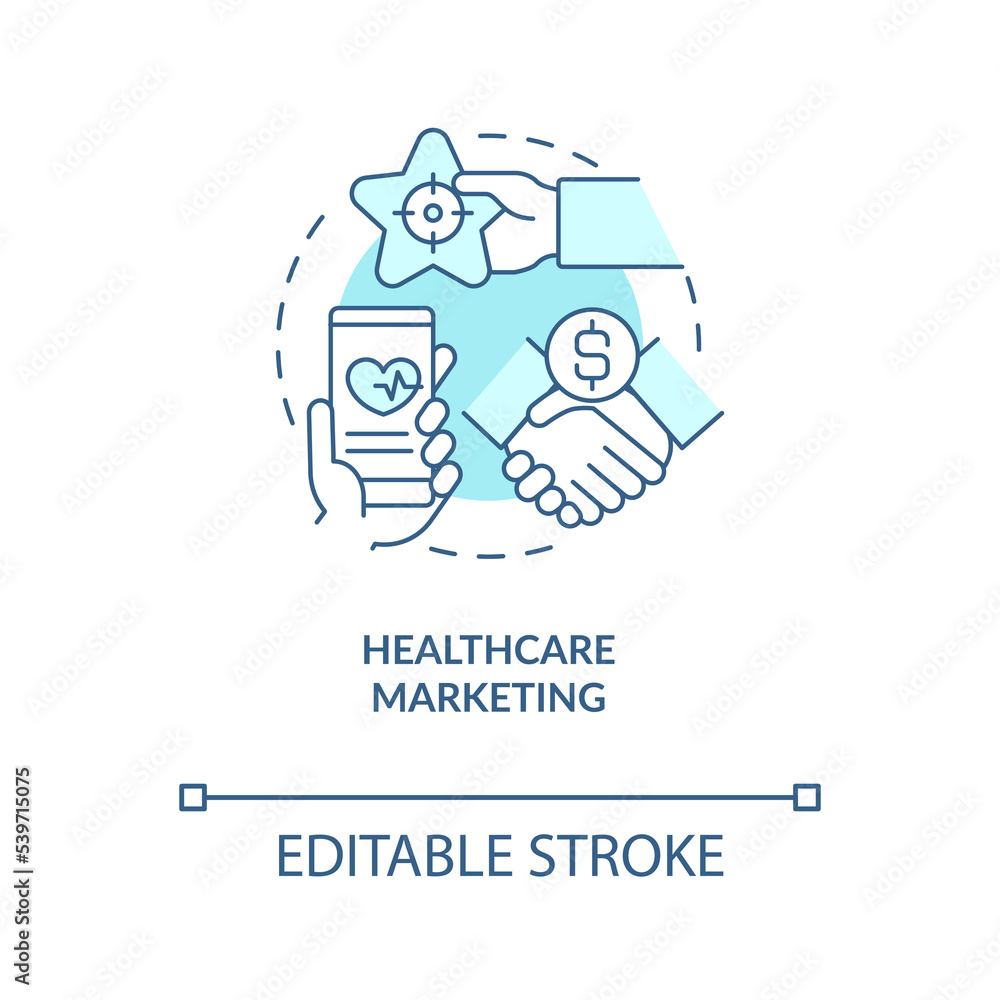 Healthcare industry strategy turquoise concept icon. Promoting medical services abstract idea thin line illustration. Isolated outline drawing. Editable stroke. Arial, Myriad Pro-Bold fonts used Healthcare industry strategy turquoise concept icon. Promoting medical services abstract idea thin line illustration. Isolated outline drawing. Editable stroke. Arial, Myriad Pro-Bold fonts used