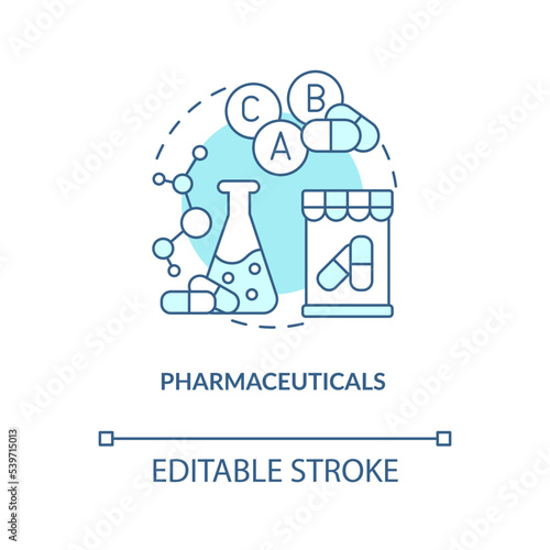 Pharmaceutical industry turquoise concept icon. Manufacturing drugs abstract idea thin line illustration. Isolated outline drawing. Editable stroke. Arial, Myriad Pro-Bold fonts used