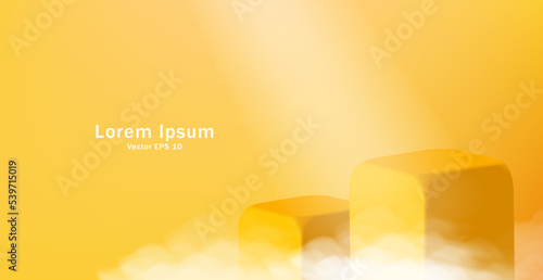 yellow square cubes product podium 3d illustration with fog or clouds and spotlight
