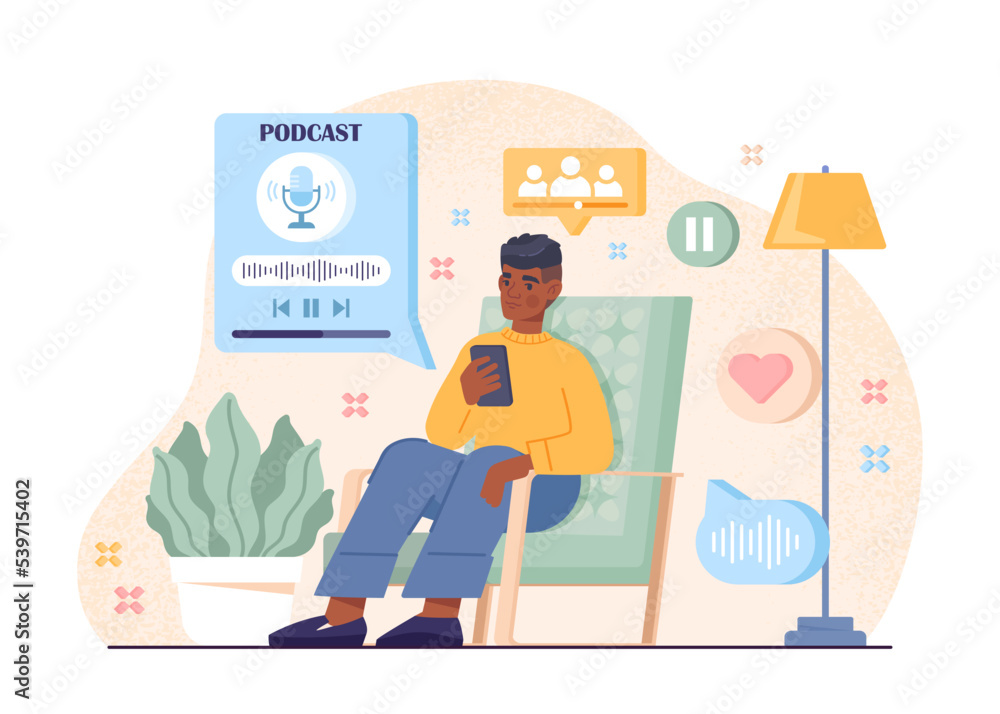 Audio podcast concept. Man sits in chair with smartphone in hands. Gadgets and devices, modern technologies and digital world. Guy listens to interesting content. Cartoon flat vector illustration Audio podcast concept. Man sits in chair with smartphone in hands. Gadgets and devices, modern technologies and digital world. Guy listens to interesting content. Cartoon flat vector illustration