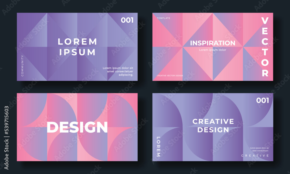 Abstract pastel gradient cover template. Set of modern poster with vibrant graphic color, geometric shapes, triangles. Gradient background for brochure, flyer, wallpaper, banner, business card.