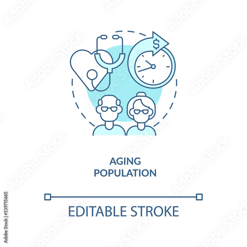 Aging population turquoise concept icon. Costly medicine reason. Increasing age abstract idea thin line illustration. Isolated outline drawing. Editable stroke. Arial, Myriad Pro-Bold fonts used