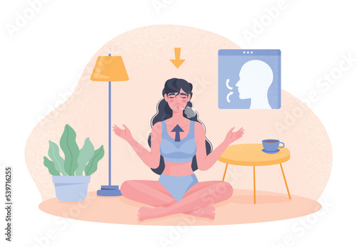 Breathing exercise concept. Woman sits in lotus position and concentrates on inhaling and exhaling. Meditation and mental health care. Concentration and attention. Cartoon flat vector illustration