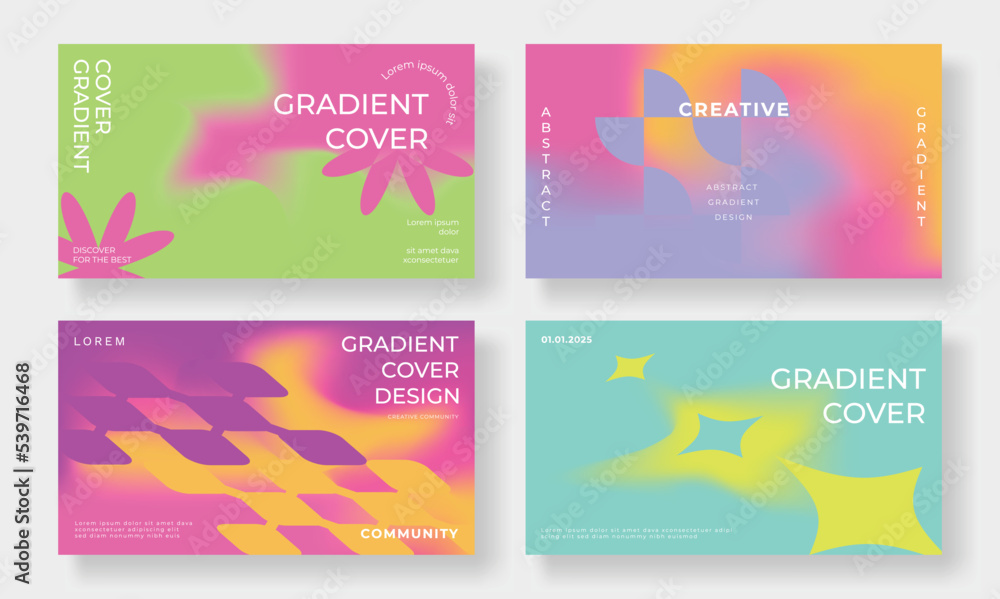 Obraz premium Abstract colorful gradient cover template. Set of modern poster with vibrant graphic color, star, flowers, geometric shapes. Gradient background for brochure, flyer, wallpaper, banner, business card.