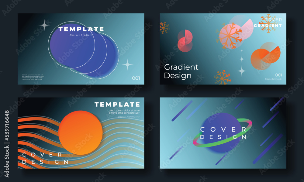 Abstract gradient cover template. Set of modern poster with geometric shapes, circles, planet, snowflake. Gradient winter season background for brochure, flyer, wallpaper, banner, business card.