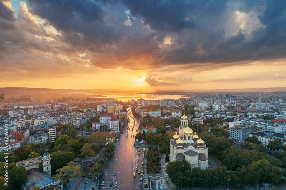 Naklejka premium Aerial view of The Cathedral of the Assumption and city centre Varna, Bulgaria