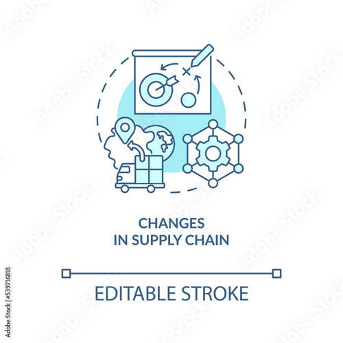 Changes in supply chain turquoise concept icon. Medicine in post covid era abstract idea thin line illustration. Isolated outline drawing. Editable stroke. Arial, Myriad Pro-Bold fonts used