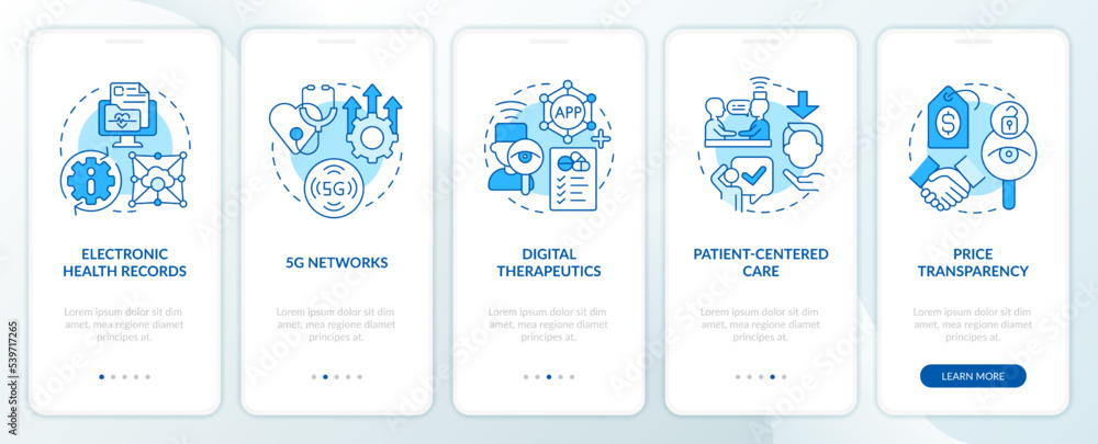 Medical sector trends blue onboarding mobile app screen. Walkthrough 5 steps editable graphic instructions with linear concepts. UI, UX, GUI template. Myriad Pro-Bold, Regular fonts used