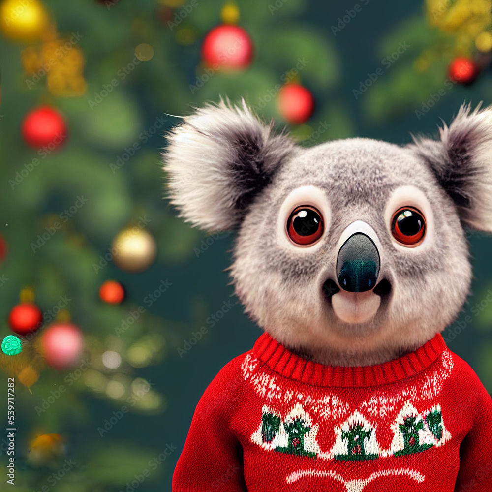Cute koala wearing Christmas sweater, festive mood, Happy New Year , isolated background Cute koala wearing Christmas sweater, festive mood, Happy New Year , isolated background