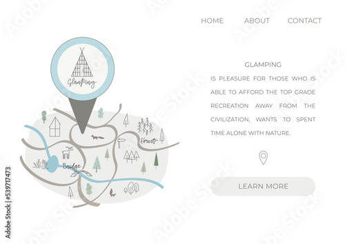 Big map pin of glamping. Banner template with forest landscape for glamping agency web site. Vector illustration about eco tourism