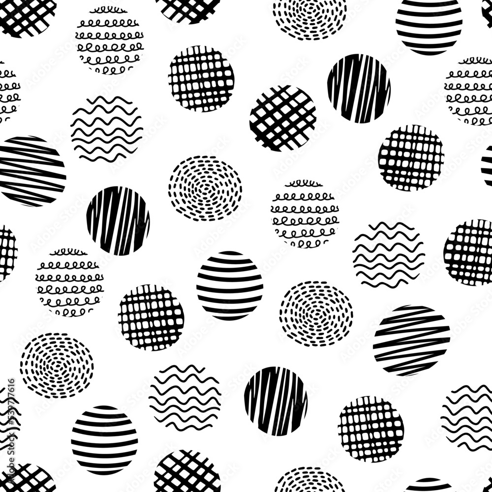Hand drawn vector doodle circles seamless pattern. Abstract textured shapes print. Grunge artistic black elements on white background. Ink scribble spots creative design elements Hand drawn vector doodle circles seamless pattern. Abstract textured shapes print. Grunge artistic black elements on white background. Ink scribble spots creative design elements