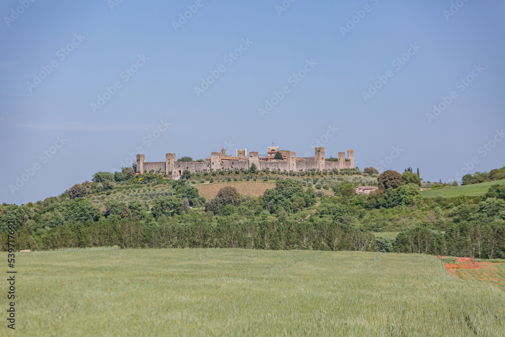 Beautiful view of Monteriggioni, Tuscany medieval town on the hill.